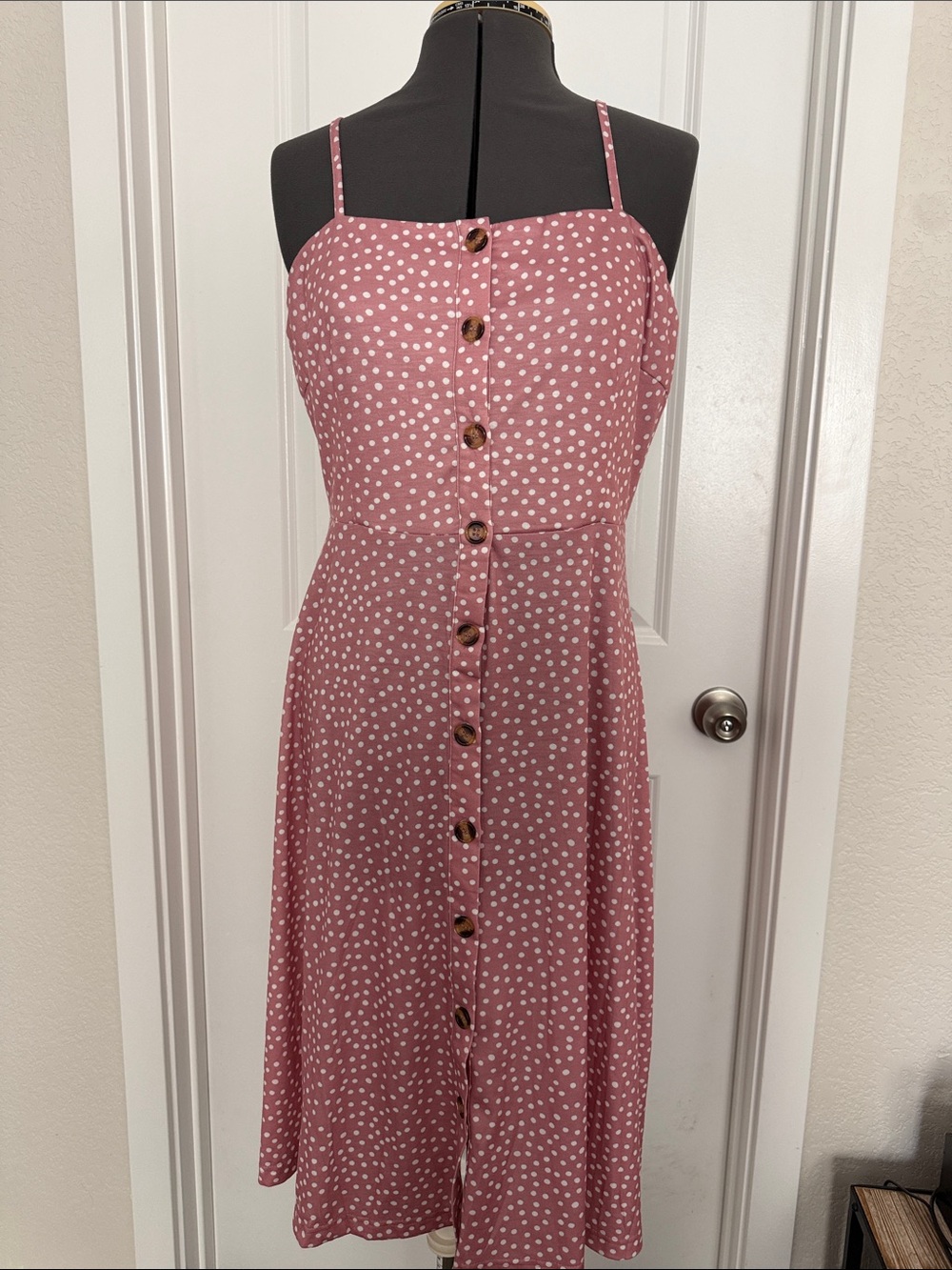 Dusty Rose Polka Dot Button-Front Midi Dress